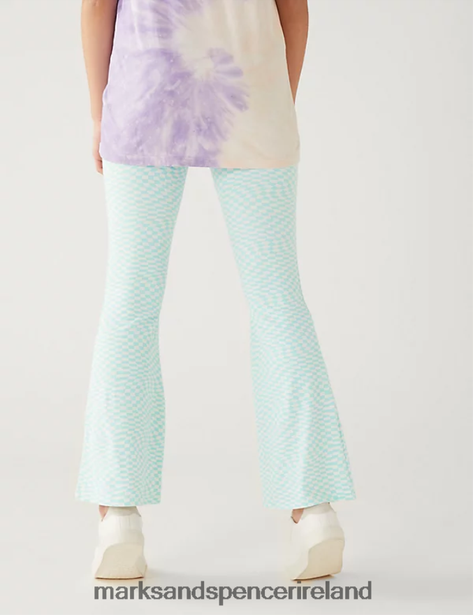 Marks & Spencer Kids Cotton Rich Checkerboard Flared Leggings Aqua Mix Clothing 2VJ8DF9818