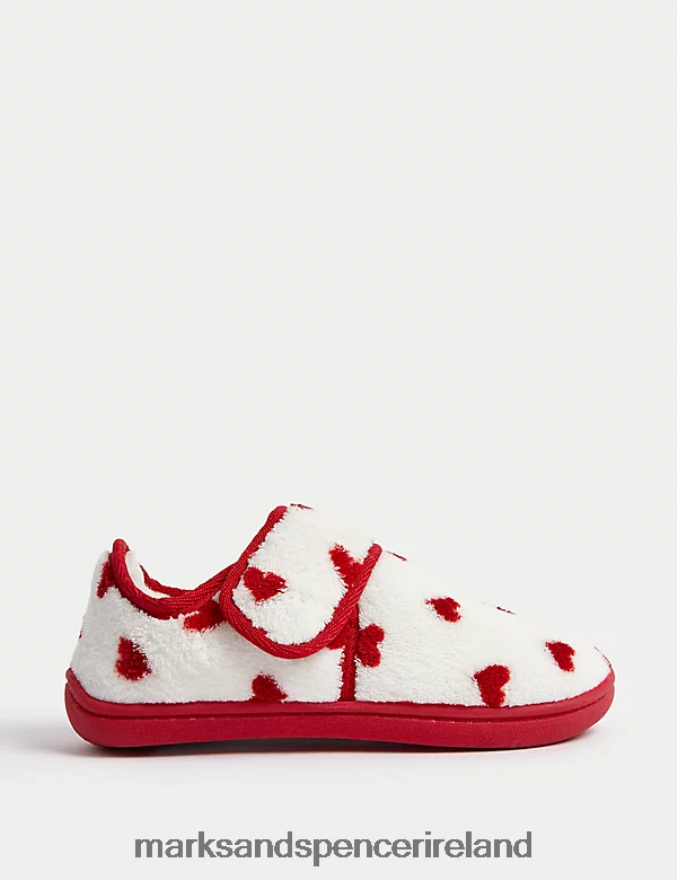 Marks & Spencer Kids Heart Riptape Slippers White/Red Footwear 2VJ8DF9849
