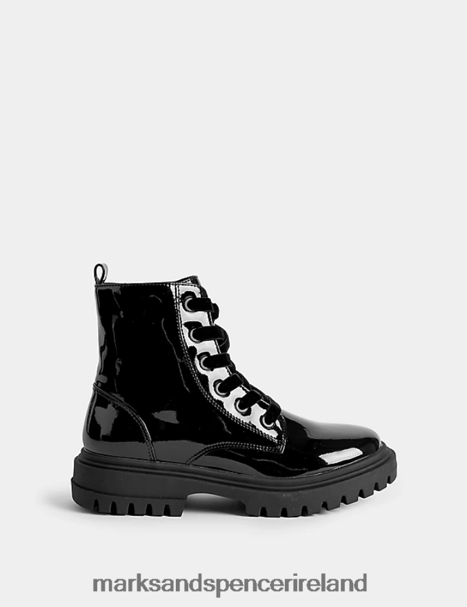 Marks & Spencer Kids Patent Freshfeet Lace Boots Black Footwear 2VJ8DF9156