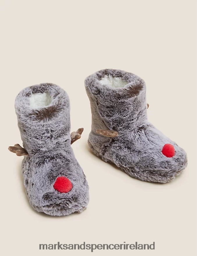 Marks & Spencer Kids Reindeer Slipper Boots Brown Footwear 2VJ8DF8374