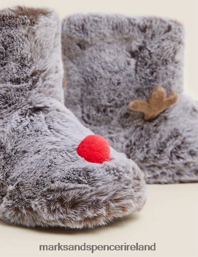 Marks & Spencer Kids Reindeer Slipper Boots Brown Footwear 2VJ8DF8374