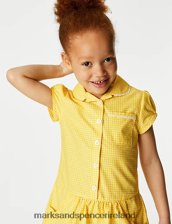 Marks & Spencer Kids 2pk Cotton Gingham School Dresses Yellow School Uniform 2VJ8DF8968