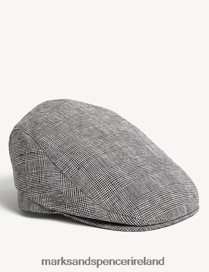 Marks & Spencer Men Linen Blend Dogstooth Flat Cap Black Mix Accessories 2VJ8DF5377