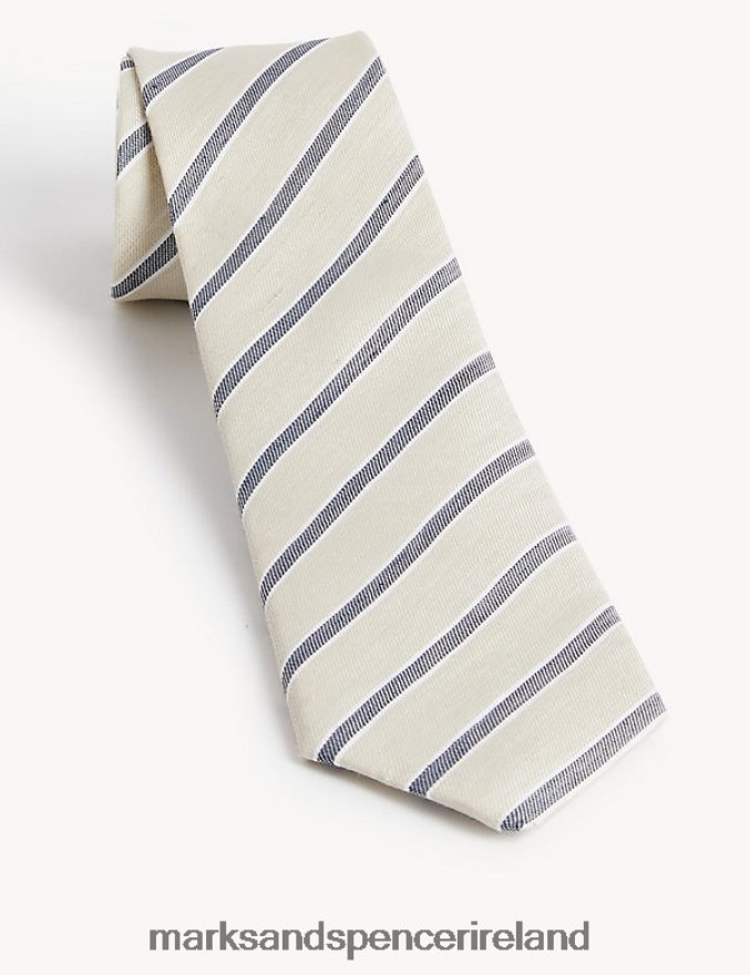 Marks & Spencer Men Italian Linen and Cotton Striped Tie Beige Accessories 2VJ8DF7193