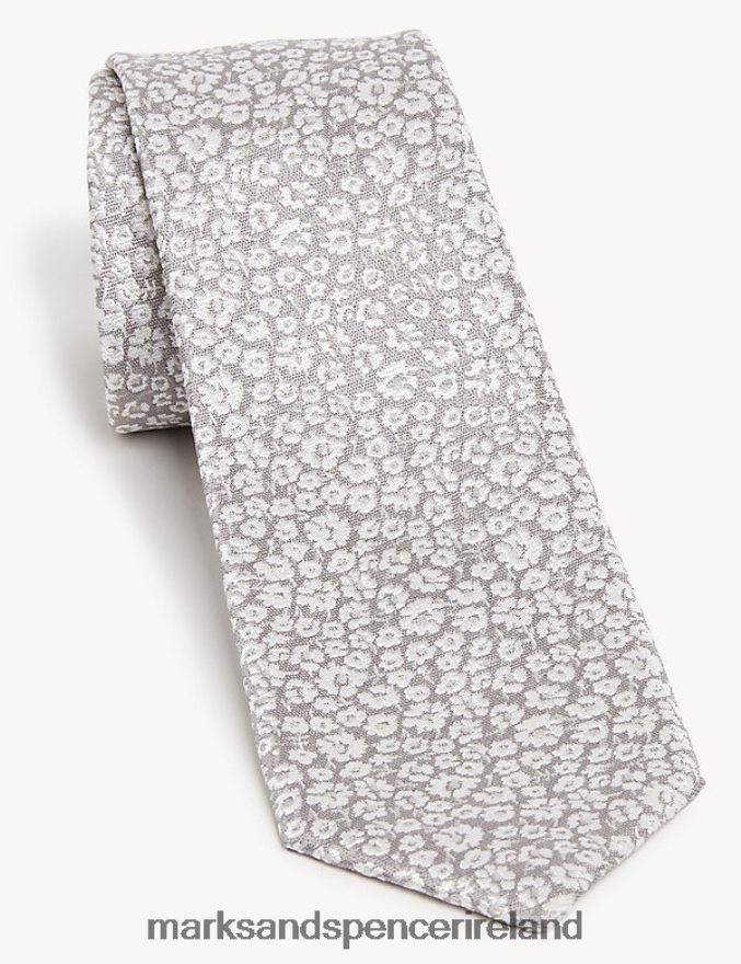 Marks & Spencer Men Slim Floral Italian Pure Silk Tie Silver Accessories 2VJ8DF7194