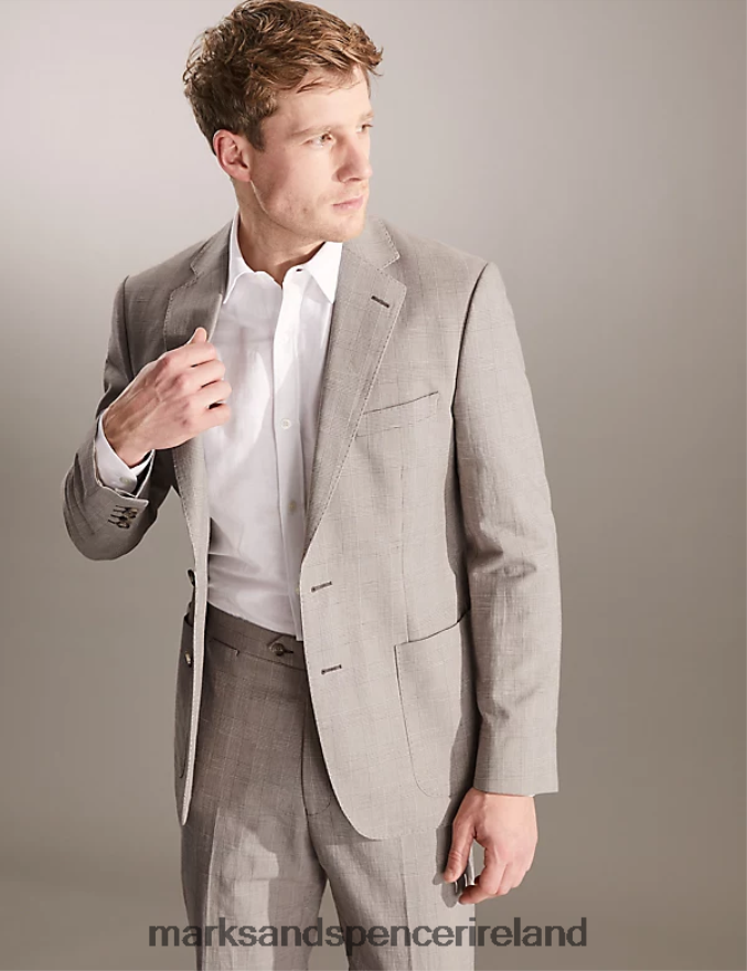 Marks & Spencer Men Cotton Blend Check Jacket Stone Clothing 2VJ8DF6913