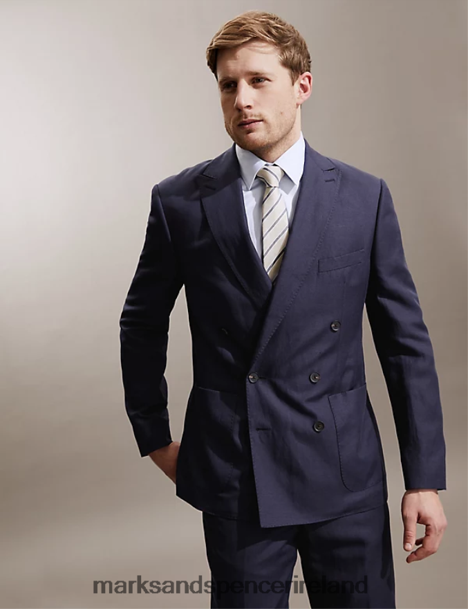 Marks & Spencer Men Tailored Fit Silk Rich And Linen Double Breasted Jacket Navy Clothing 2VJ8DF6851