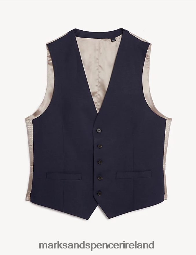 Marks & Spencer Men Tailored Fit Silk Rich And Linen Waistcoat Navy Clothing 2VJ8DF6387