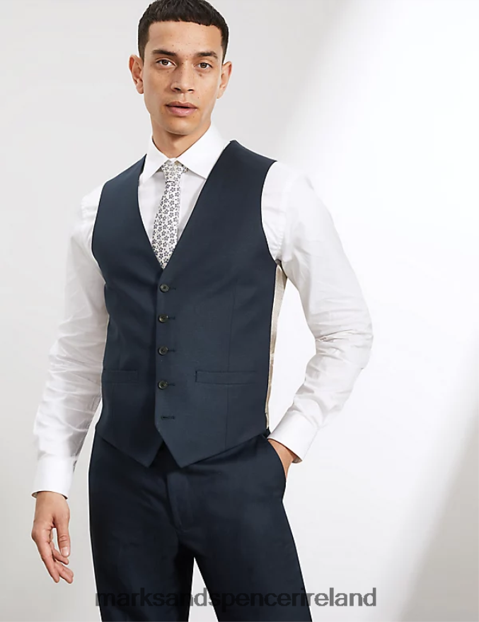 Marks & Spencer Men Tailored Fit Silk Rich And Linen Waistcoat Navy Clothing 2VJ8DF6387