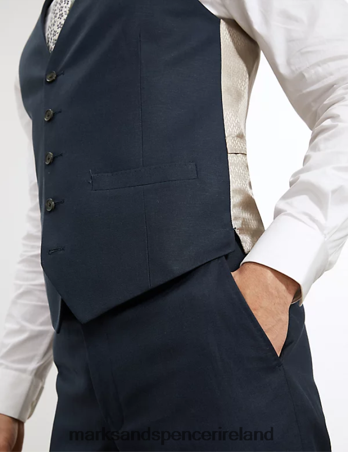 Marks & Spencer Men Tailored Fit Silk Rich And Linen Waistcoat Navy Clothing 2VJ8DF6387