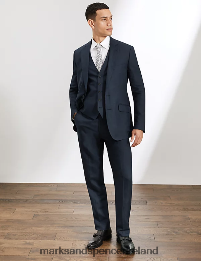 Marks & Spencer Men Tailored Fit Silk Rich And Linen Waistcoat Navy Clothing 2VJ8DF6387