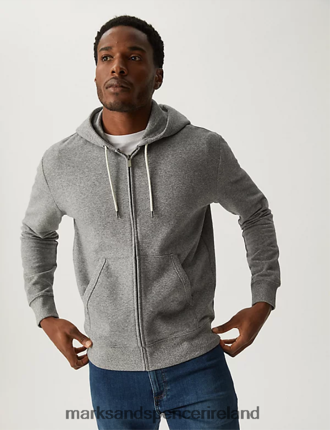 Marks & Spencer Men Pure Cotton Hoodie Grey Marl Clothing 2VJ8DF7537
