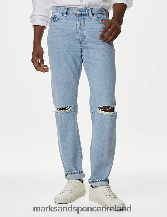 Marks & Spencer Men Straight Fit Pure Cotton Ripped Jeans Soft Blue Clothing 2VJ8DF4947