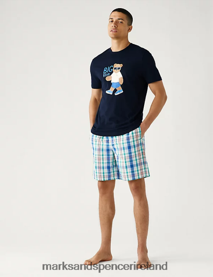 Marks & Spencer Men Pure Cotton Big Bear Graphic Pyjama Set Navy Mix Clothing 2VJ8DF5663