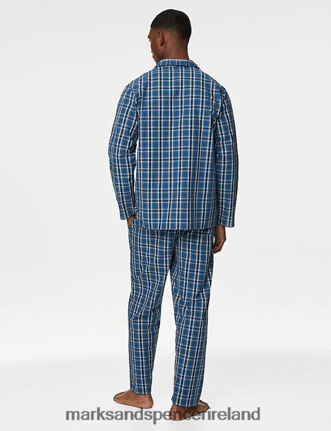 Marks & Spencer Men Pure Cotton Checked Pyjama Set Blue Mix Clothing 2VJ8DF5004