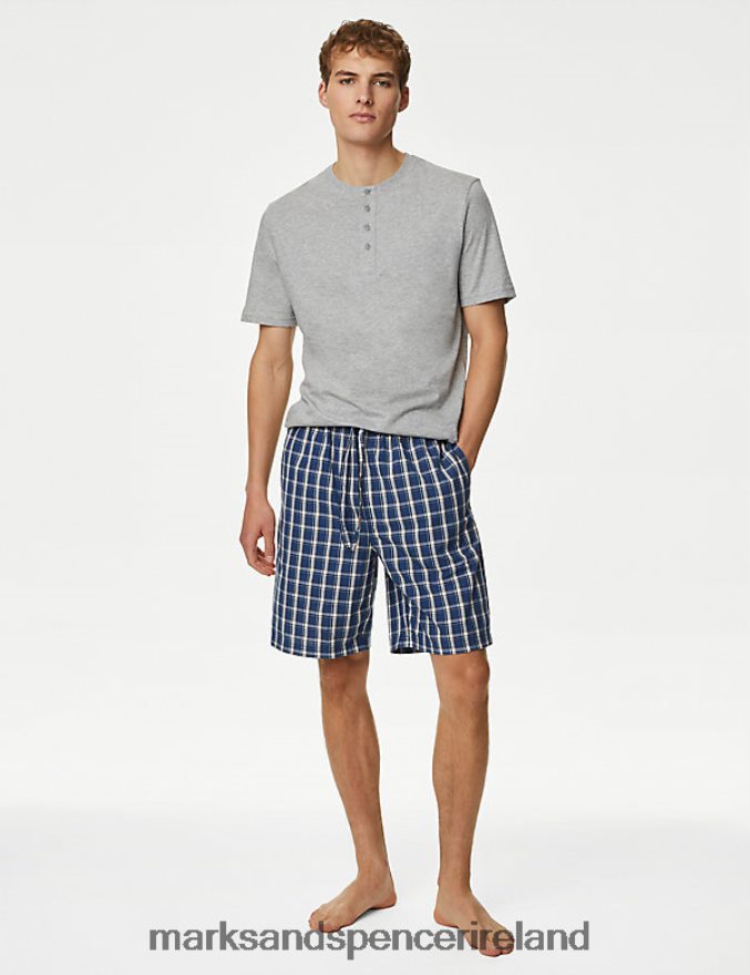 Marks & Spencer Men Pure Cotton Checked Pyjama Set Grey Mix Clothing 2VJ8DF4784
