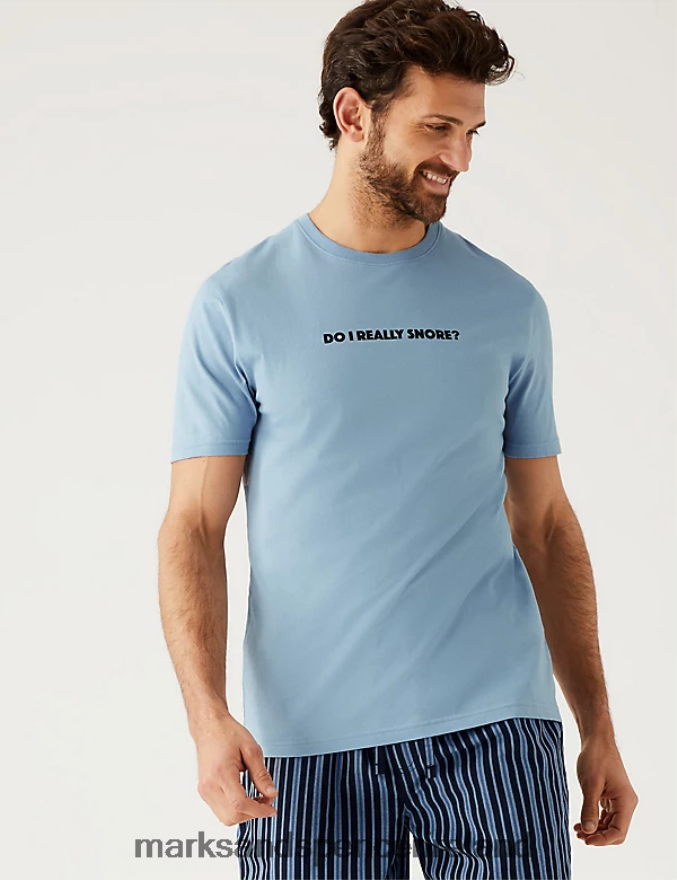 Marks & Spencer Men Pure Cotton Striped Slogan Pyjama Set Blue Mix Clothing 2VJ8DF6418