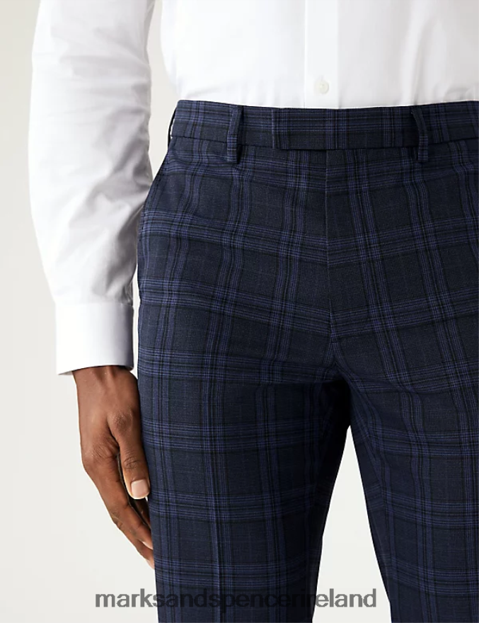 Marks & Spencer Men Check Stretch Trousers Navy Clothing 2VJ8DF6996