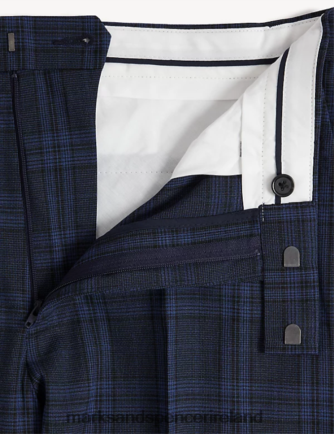 Marks & Spencer Men Check Stretch Trousers Navy Clothing 2VJ8DF6996
