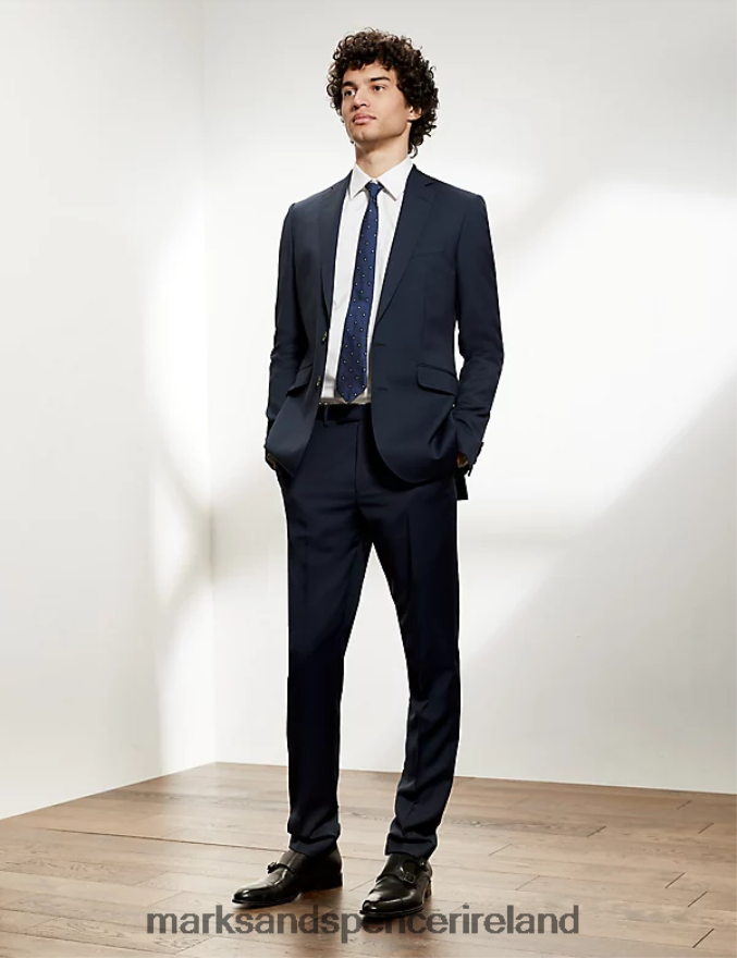 Marks & Spencer Men Slim Fit Pure Wool Twill Trousers Medium Navy Clothing 2VJ8DF6149