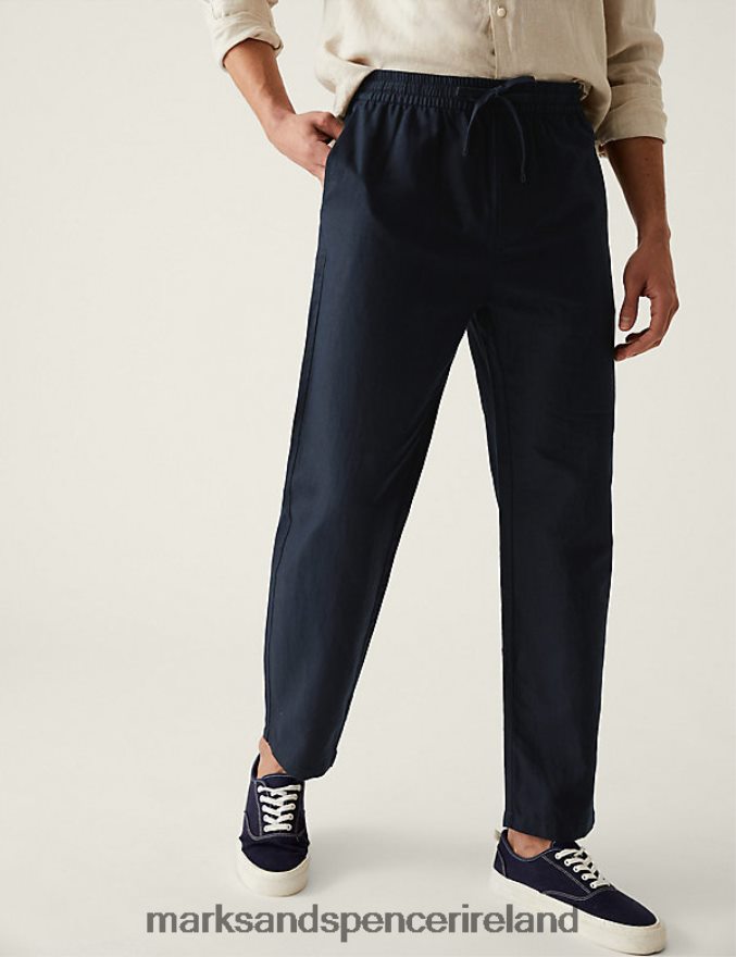 Marks & Spencer Men Tapered Fit Linen Blend Trousers Navy Clothing 2VJ8DF5197
