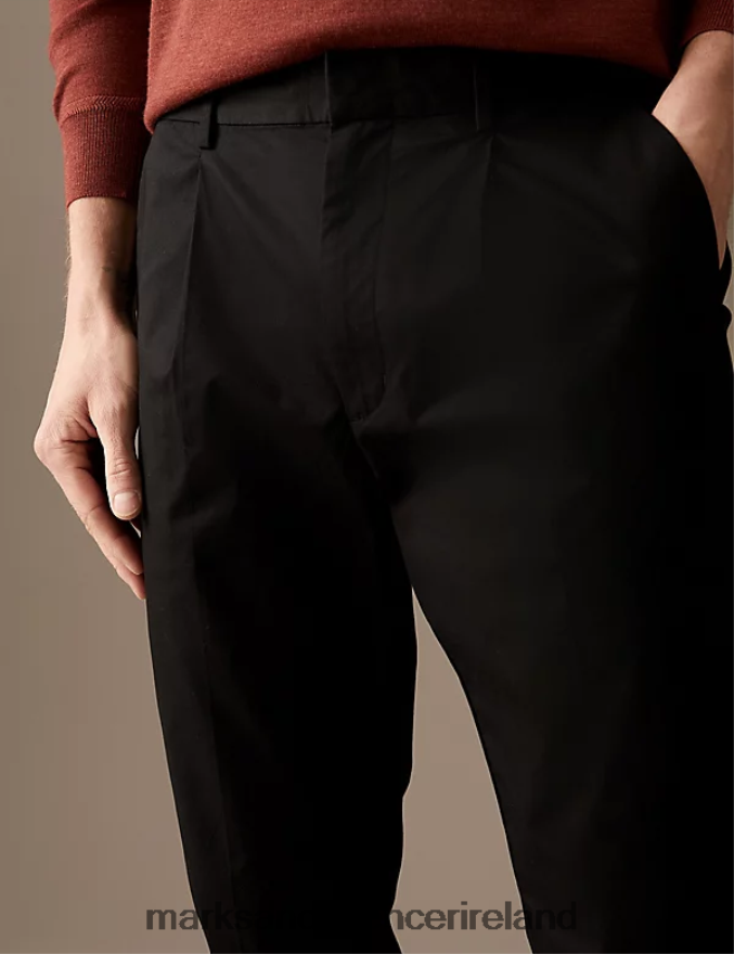 Marks & Spencer Men Tapered Fit Pleat Front Stretch Chinos Black Clothing 2VJ8DF5561