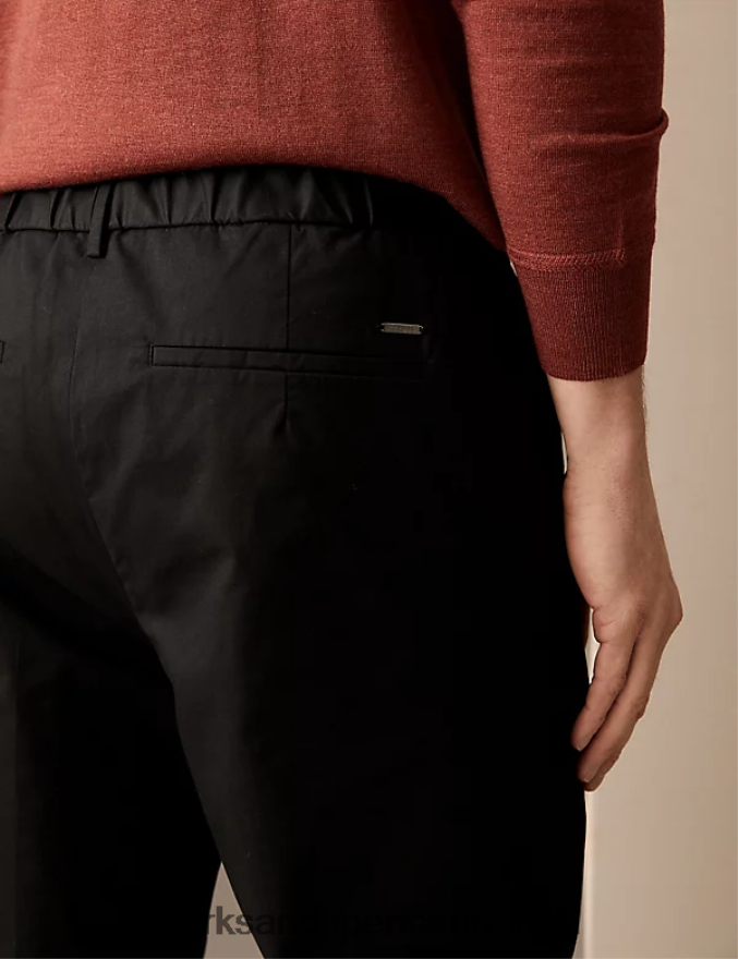 Marks & Spencer Men Tapered Fit Pleat Front Stretch Chinos Black Clothing 2VJ8DF5561