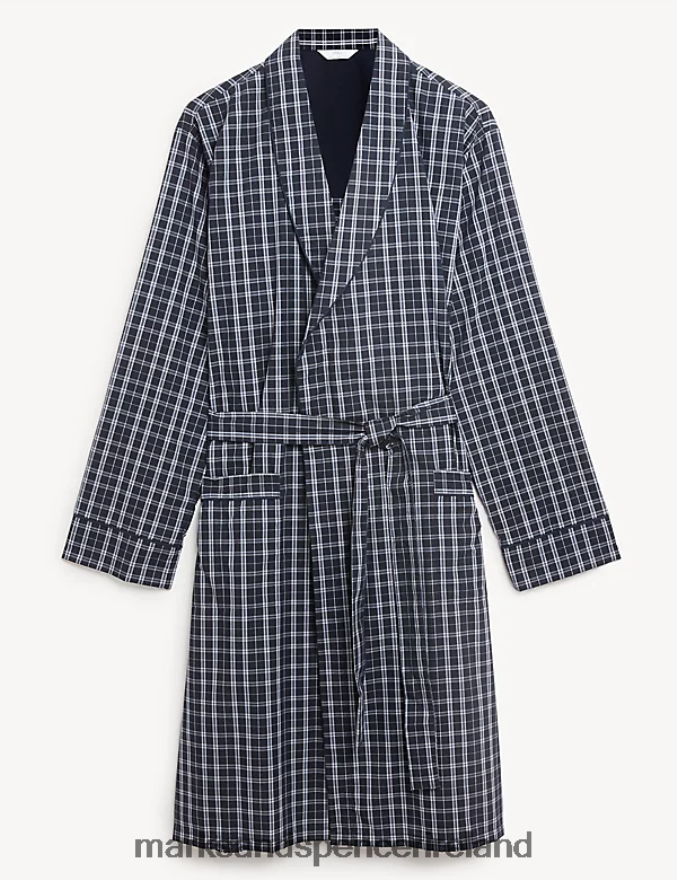 Marks & Spencer Men Cotton Blend Checked Dressing Gown Blue Mix Clothing 2VJ8DF5711