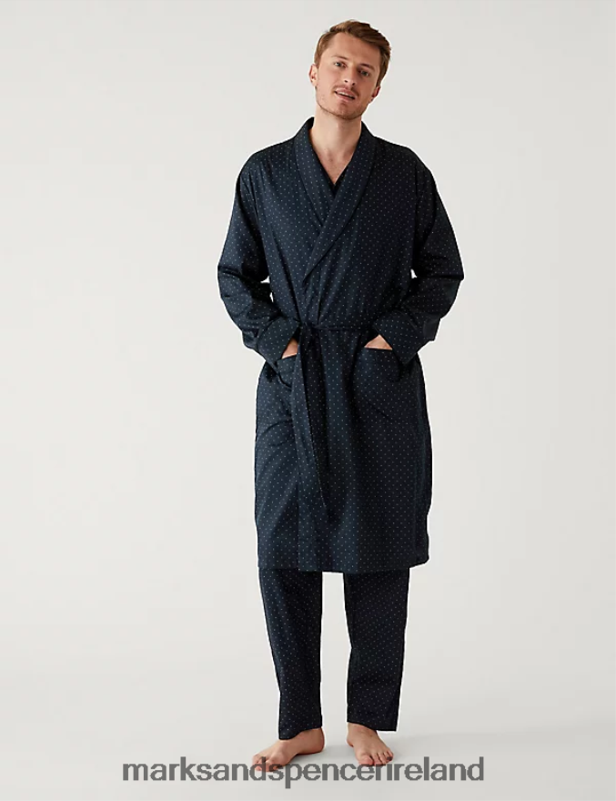 Marks & Spencer Men Pure Cotton Dressing Gown Navy Mix Clothing 2VJ8DF6676