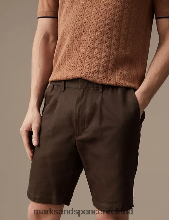 Marks & Spencer Men Cotton Linen Elasticated Waist Chino Shorts Brown Clothing 2VJ8DF6367