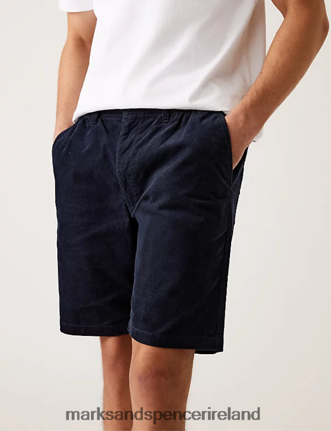 Marks & Spencer Men Pure Cotton Corduroy Elasticated Waist Shorts Navy Clothing 2VJ8DF5762