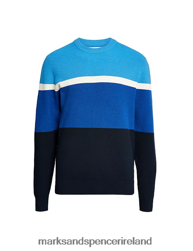Marks & Spencer Men Cotton Blend Block Stripe Crew Neck Jumper Blue Mix Clothing 2VJ8DF5354