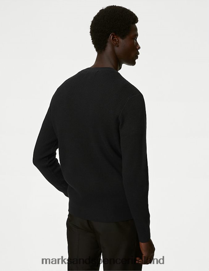 Marks & Spencer Men Cotton Blend Textured Crew Neck Jumper Black Clothing 2VJ8DF7120