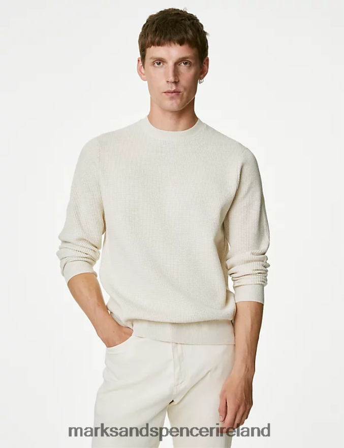 Marks & Spencer Men Cotton Blend Textured Crew Neck Jumper Ecru Clothing 2VJ8DF6771