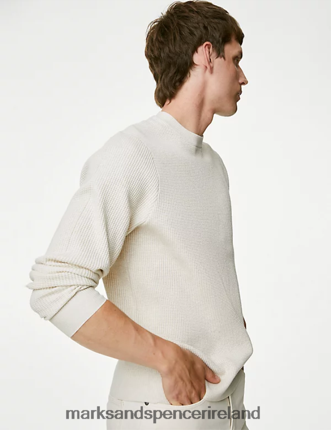 Marks & Spencer Men Cotton Blend Textured Crew Neck Jumper Ecru Clothing 2VJ8DF6771