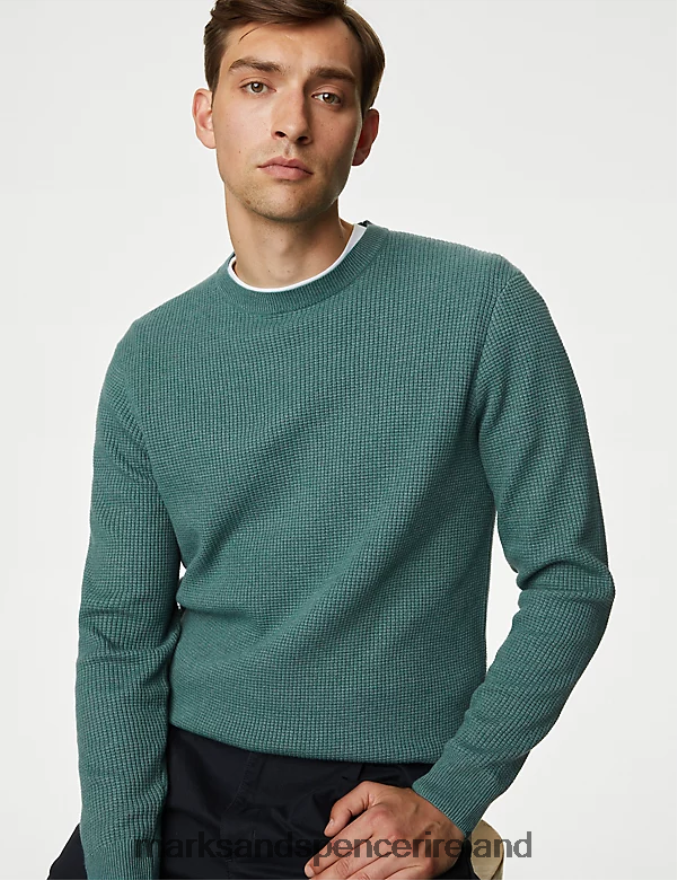 Marks & Spencer Men Cotton Blend Textured Crew Neck Jumper Light Green Clothing 2VJ8DF7124