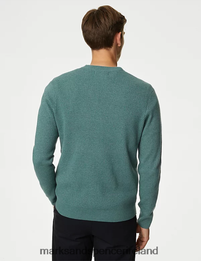 Marks & Spencer Men Cotton Blend Textured Crew Neck Jumper Light Green Clothing 2VJ8DF7124