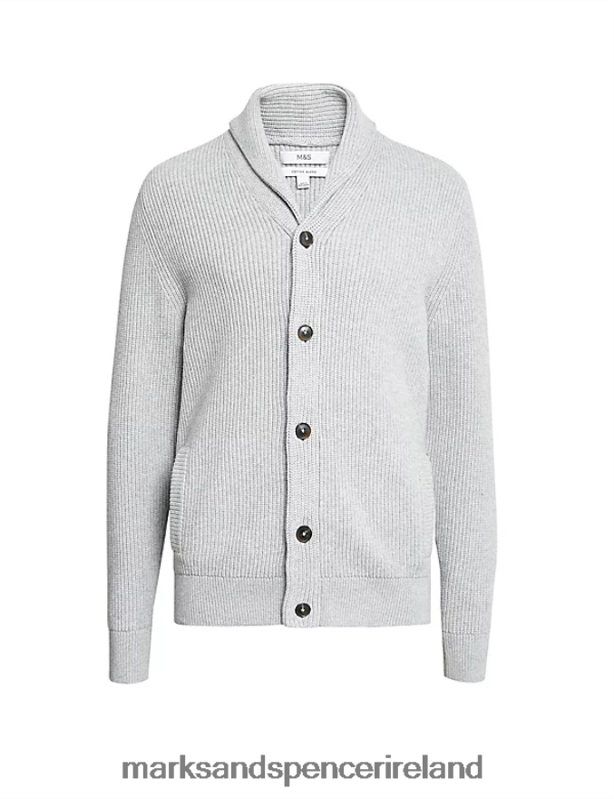 Marks & Spencer Men Cotton Blend Textured Shawl Collar Cardigan Light Grey Clothing 2VJ8DF6671