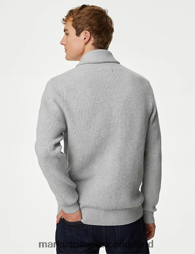 Marks & Spencer Men Cotton Blend Textured Shawl Collar Cardigan Light Grey Clothing 2VJ8DF6671