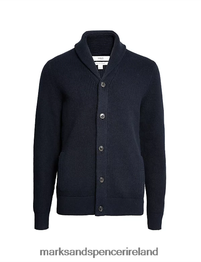 Marks & Spencer Men Cotton Blend Textured Shawl Collar Cardigan Navy Clothing 2VJ8DF6347