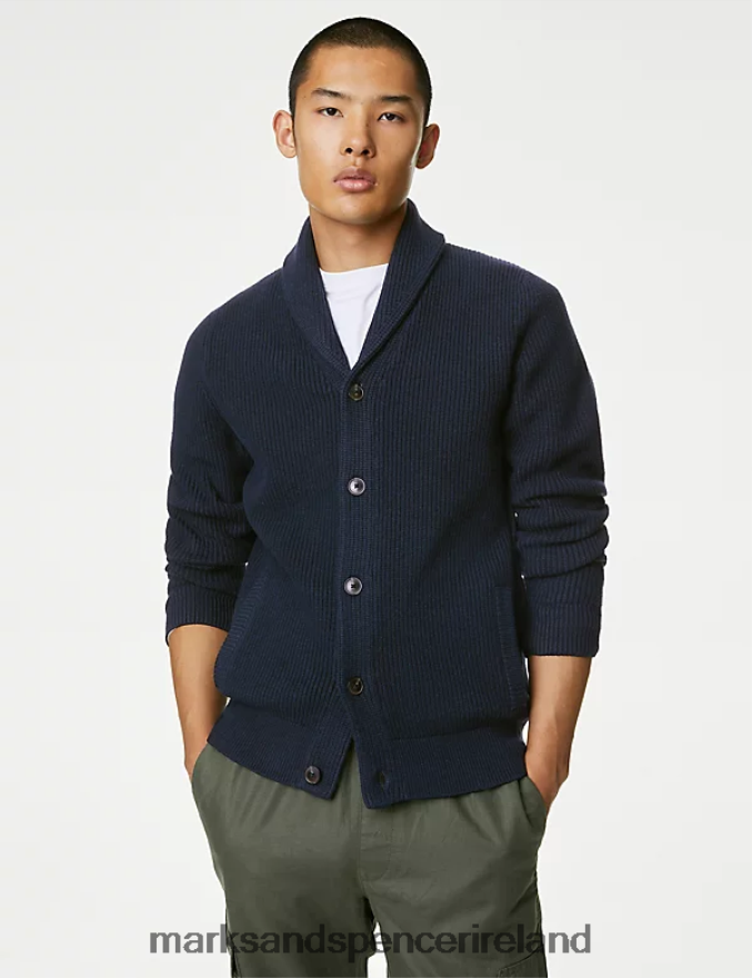 Marks & Spencer Men Cotton Blend Textured Shawl Collar Cardigan Navy Clothing 2VJ8DF6347