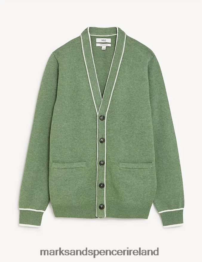 Marks & Spencer Men Cotton Blend Tipped V-Neck Cardigan Green Mix Clothing 2VJ8DF5100