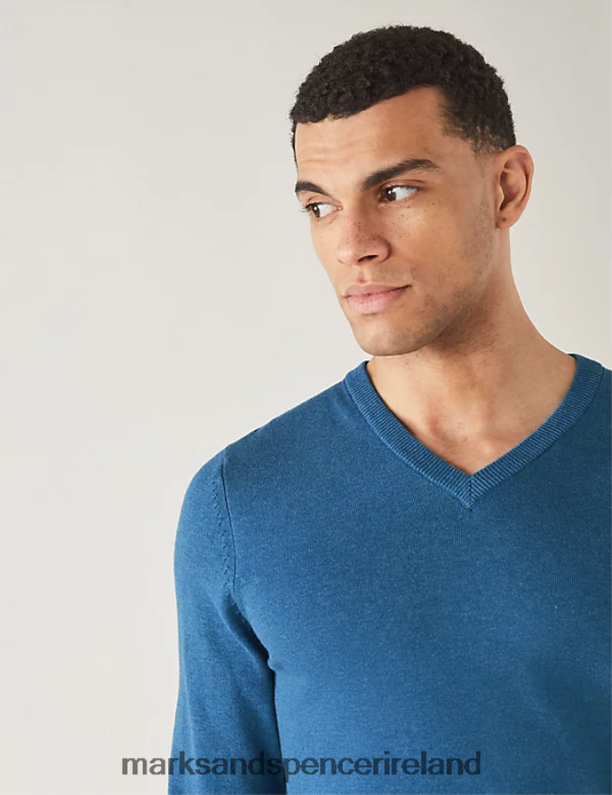 Marks & Spencer Men Pure Cotton V-Neck Knitted Jumper Periwinkle Clothing 2VJ8DF7205