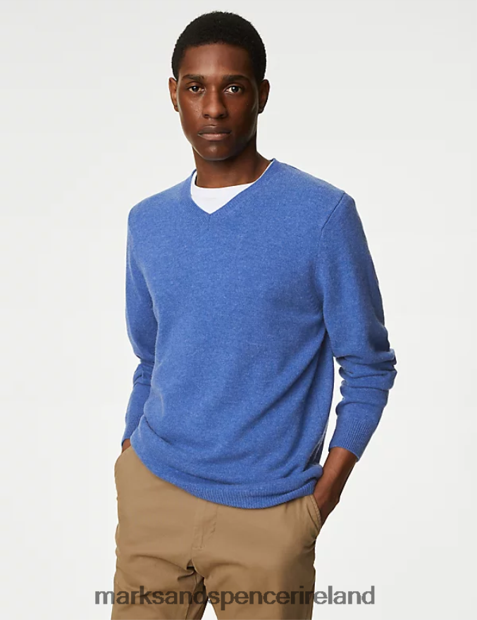 Marks & Spencer Men Pure Extra Fine Lambswool V-Neck Jumper Blue Mix Clothing 2VJ8DF6897