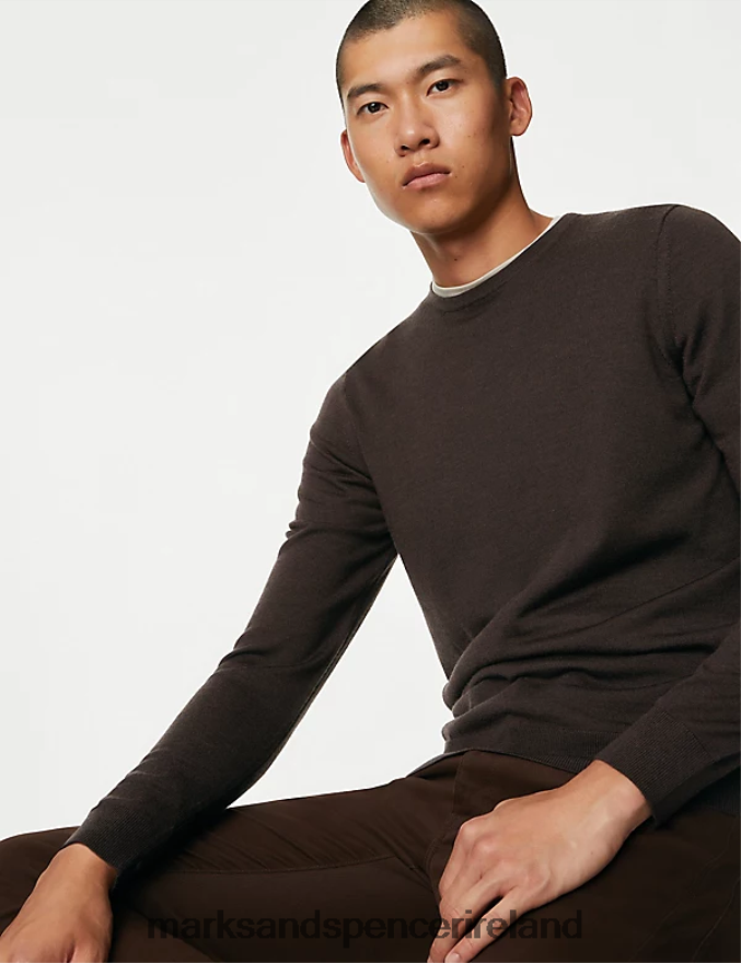 Marks & Spencer Men Pure Extra Fine Merino Wool Crew Neck Jumper Bitter Chocolate Clothing 2VJ8DF5331