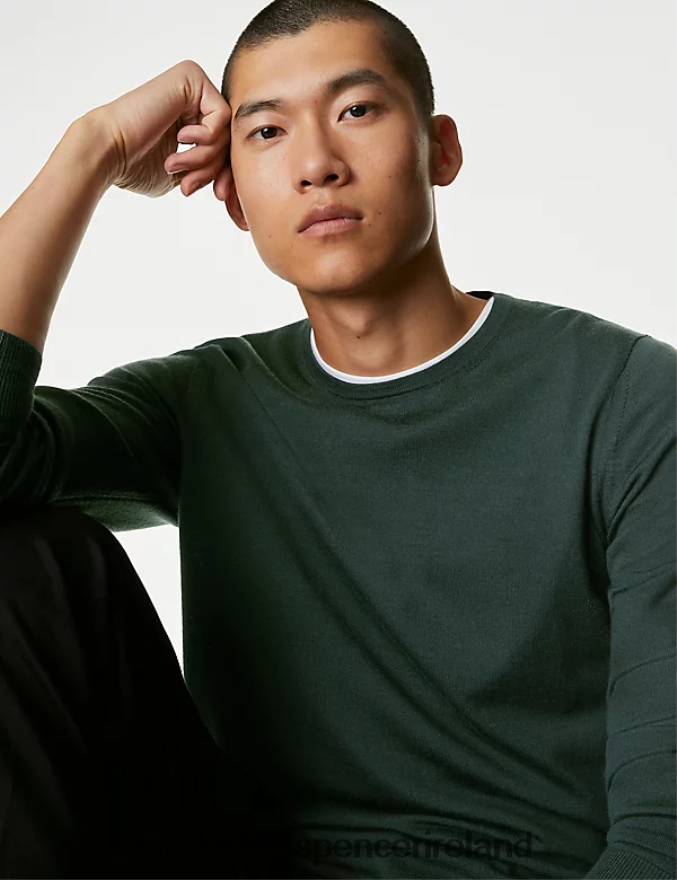 Marks & Spencer Men Pure Extra Fine Merino Wool Crew Neck Jumper Dark Evergreen Clothing 2VJ8DF5330