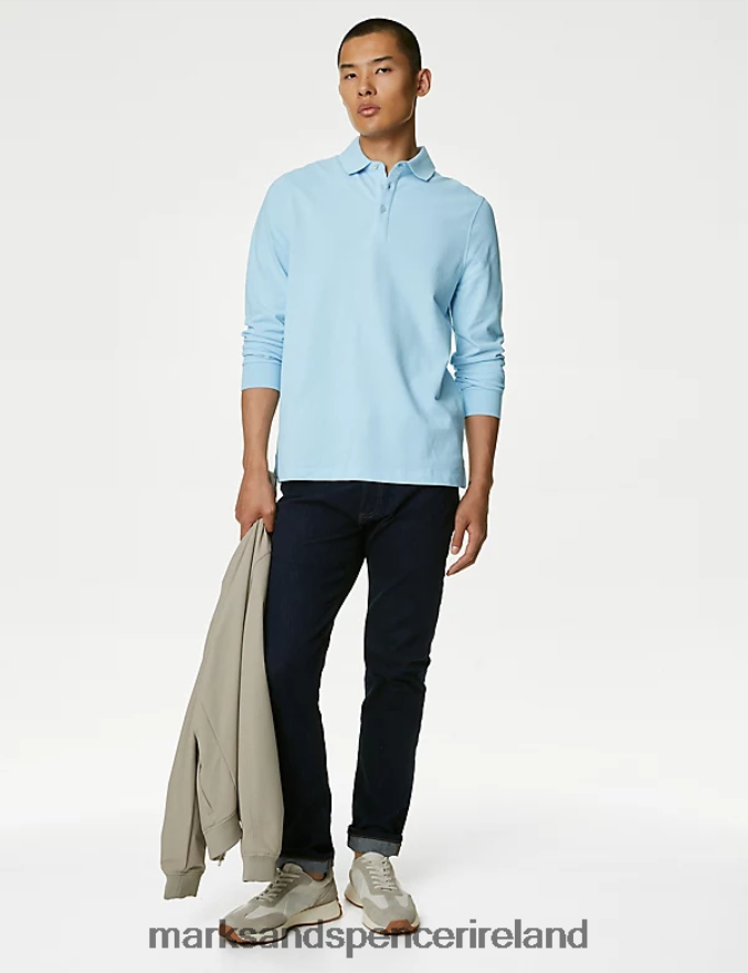 Marks & Spencer Men 2pk Pure Cotton Long Sleeve Polo Shirts Pale Blue Mix Clothing 2VJ8DF5082
