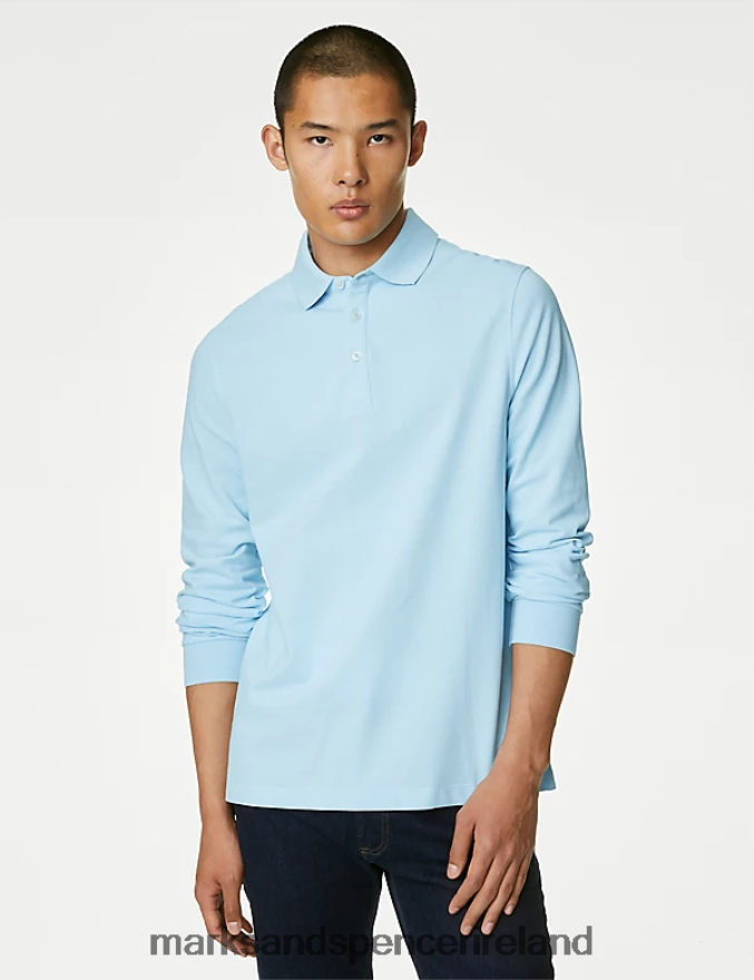 Marks & Spencer Men 2pk Pure Cotton Long Sleeve Polo Shirts Pale Blue Mix Clothing 2VJ8DF5082