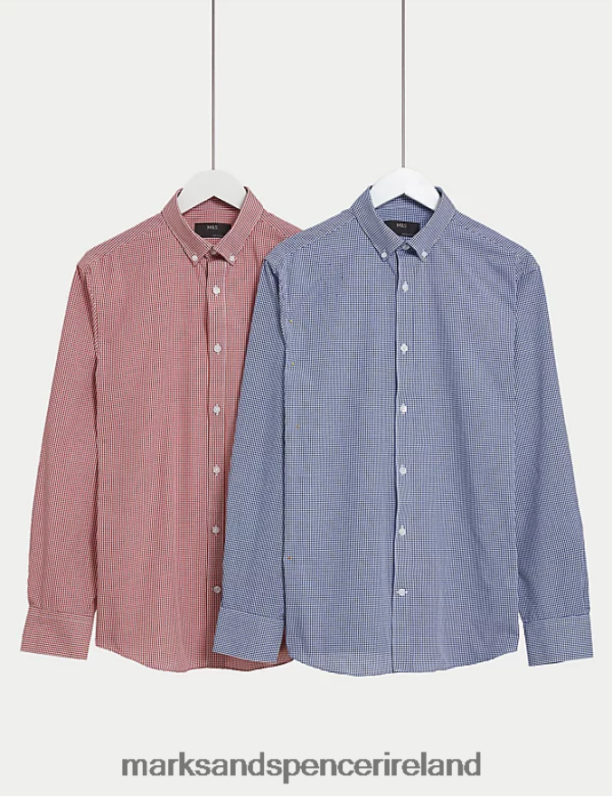 Marks & Spencer Men 2pk Regular Fit Check Long Sleeve Shirts Red Mix Clothing 2VJ8DF4781