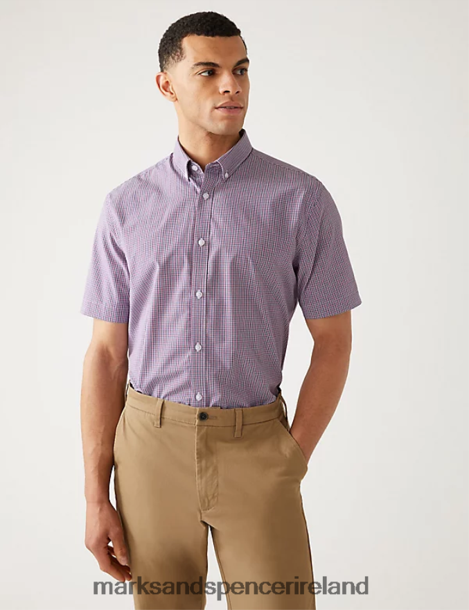 Marks & Spencer Men 2pk Regular Fit Check Short Sleeve Shirts Navy Mix Clothing 2VJ8DF6890